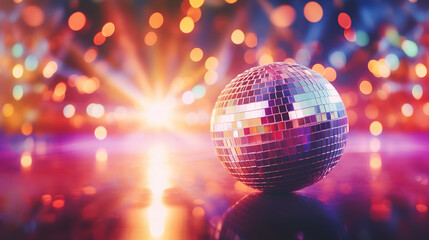 Retro disco dance background. Glowing disco mirror ball on the multi-colored lights bokeh of a night party. Vintage Event Invitation - obrazy, fototapety, plakaty
