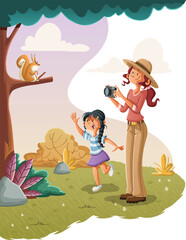 Cartoon woman and girl watching a squirrel in the forest. 
