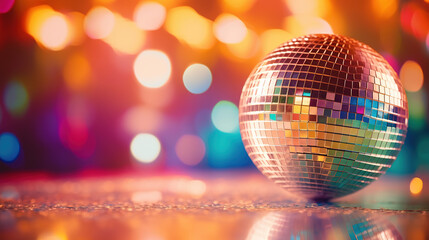 Fototapeta na wymiar Retro disco dance background. Glowing disco mirror ball on the multi-colored lights bokeh of a night party. Vintage Event Invitation