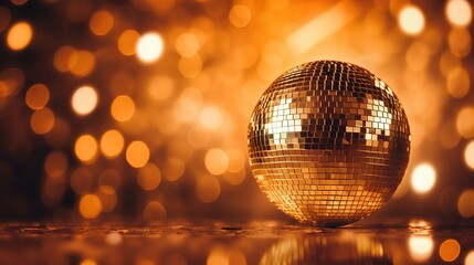 Fototapeta na wymiar Retro disco dance background. Glowing disco mirror ball on the multi-colored lights bokeh of a night party. Vintage Event Invitation