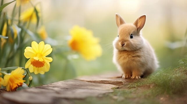 Cute fluffy funny little Easter bunny rabbit among spring flowers in a green garden. Postcard Happy Easter poster