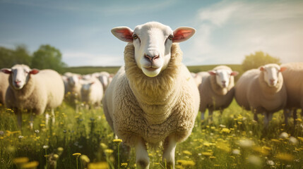 Fototapeta premium A wool sheep grazes on an ecologically clean picturesque meadow.