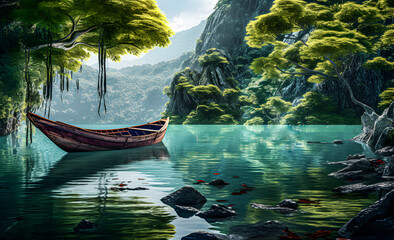 View of a boat floating on the river with natural scenery