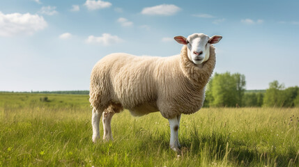 Obraz premium A wool sheep grazes on an ecologically clean picturesque meadow.