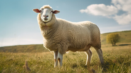 Fototapeta premium A wool sheep grazes on an ecologically clean picturesque meadow.