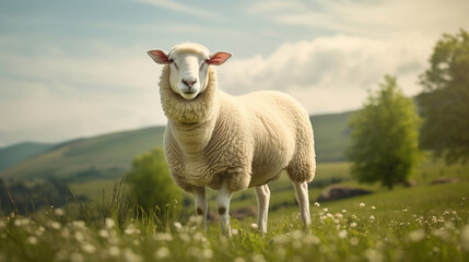 A wool sheep grazes on an ecologically clean picturesque meadow.