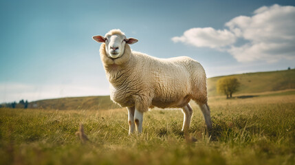 Fototapeta premium A wool sheep grazes on an ecologically clean picturesque meadow.