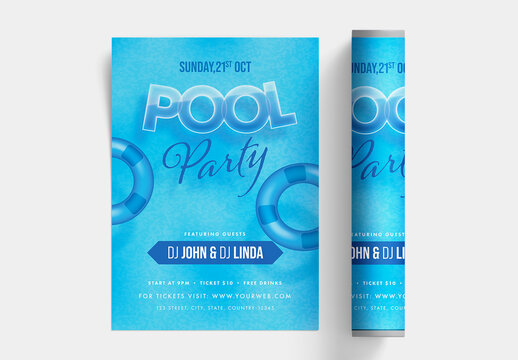 Pool Party Flyer or Template Layout in Blue Color with Swimming Rings.