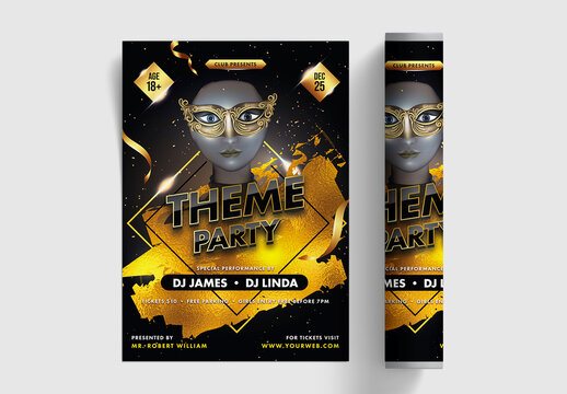 Theme Party Flyer Layout in Black and Golden Color with Woman Wear Mask.