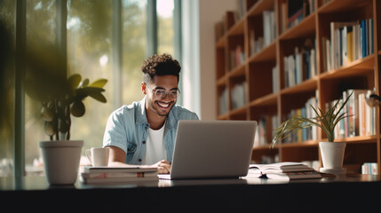 Young happy smiling Hispanic male student preparing for exam using laptop in university library. College student studying remotely. Education and technology background