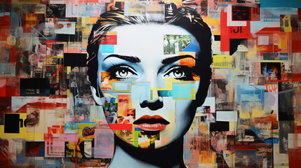 Abstract collage of modern art portrait of a young beautiful woman composed of excerpts from a magazine and newspapers. Pop art style - obrazy, fototapety, plakaty