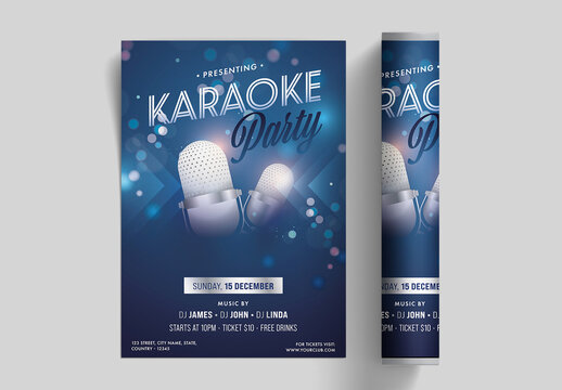Karaoke Party Flyer, Invitation Card Template Layout in Blue Color.