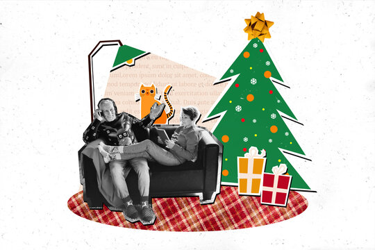 Composite collage image of cozy couple relax home sit sofa christmas new year greeting card template holiday x-mas congratulation
