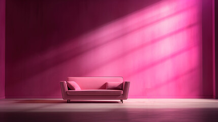 Pink monochrome interior design, pink sofa and empty background on luxury pink wall, living room mockup and sunlight from window - obrazy, fototapety, plakaty
