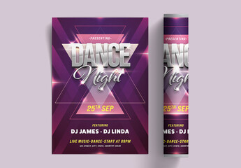 Dance Night Party Flyer, Invitation Card in Purple Color with Lights Effect.