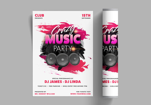 Crazy Music Party Flyer, Invitation Card Design in Brush Stroke Effect.