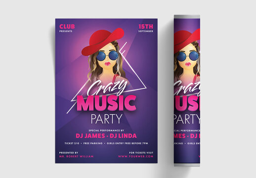 Crazy Music Party Flyer Design in Purple Color with Modern Young Girl Character.