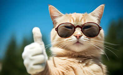 A cat wearing sunglasses and a thumbs up thumb.