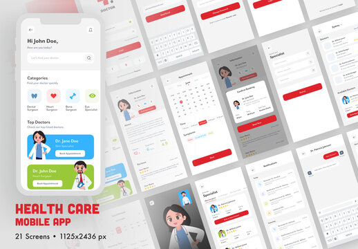 Healthcare Mobile UI and UX Screens in Red and White Color.
