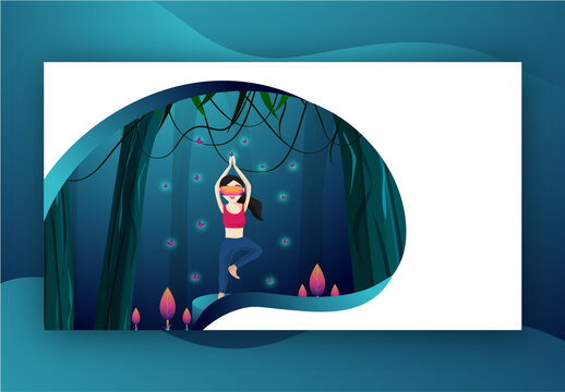 Young Girl Wearing VR Glasses in Tree Yoga Pose on Beautiful Nature Background. Landing Page Design.