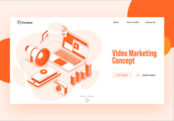 Video Marketing Concept Based Landing Page Design with Isometric Video Play in Laptop and Smartphone.
