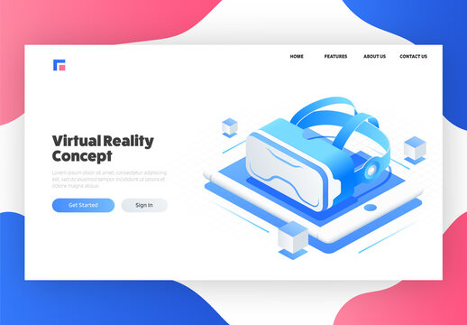 Virtual Reality Concept Based Landing Page with 3D VR Glasses on Smartphone Screen.