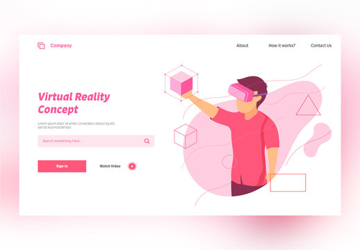 Virtual Reality Concept Based Landing Page Design with Man Wearing VR Glasses and Geometric Elements.
