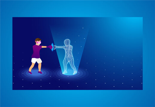 Virtual Gaming Concept Based Landing Page, Realistic Man Boxing with Virtual Character on Blue Background.