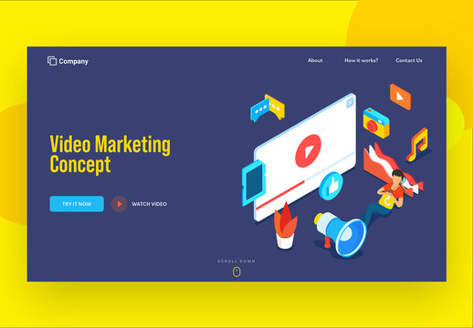 Video Marketing Concept Based Landing Page with Isometric Video Play Browser and Social Media Equipment.