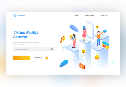Virtual Reality Concept Based Landing Page Design with Business People Wearing VR Glasses and Mobile App at Different Platform.