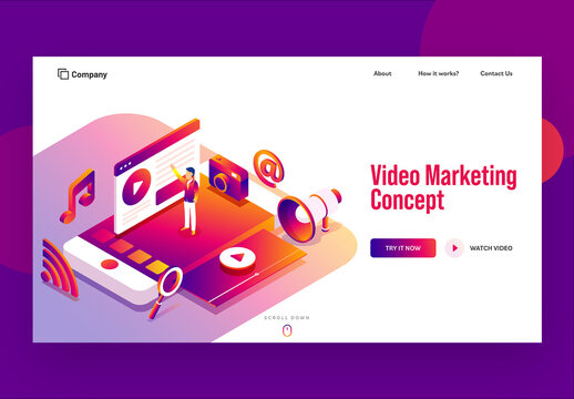 Video Marketing Concept Based Landing Page with Isometric Smartphone, Video Play Window and Media Equipment.