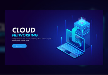Responsive Landing Page with 3D Server Connected Cloud in Laptop For Cloud Networking.