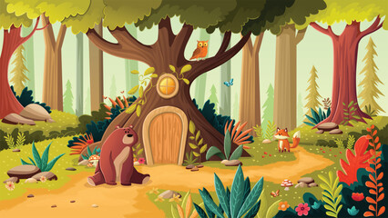 Cartoon colorful forest with cute animals around a tree house. Bear, fox and owl in green park. Nature landscape.
