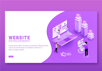 Website Development Concept Based Landing Page in Purple and White Color.