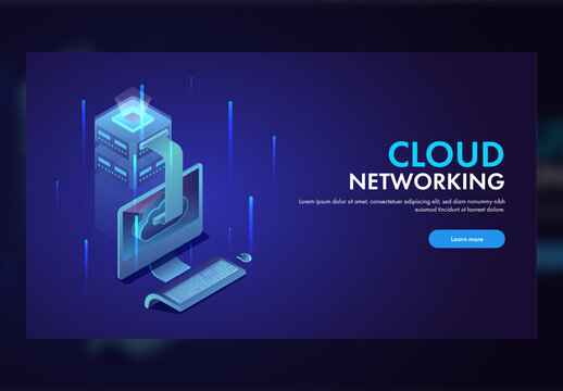 Responsive Landing Page with 3D Server Connected Cloud in Computer for Cloud Networking.