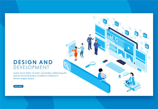 Responsive Landing Page for Design and Development Concept Based Isometric Design.