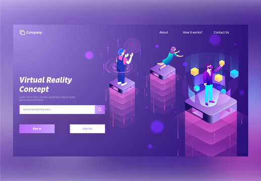 Responsive Landing Page Design, People Wearing VR Glasses at Different Platform for Virtual Reality Concept.