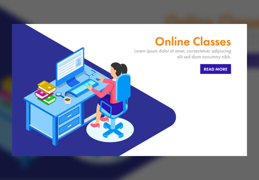 Responsive Landing Page Design, Isometric View of Girl Preparing Through Online Classes at Desk.