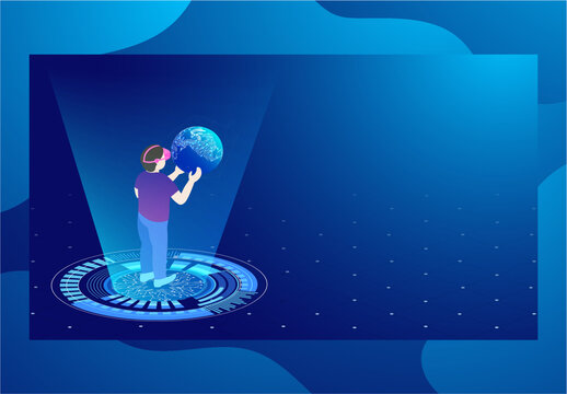 Responsive Landing Page Design, Young Man Touching to Imaginary Global Through VR Glasses on Blue Futuristic Circuit Board.