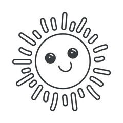 Summer element of set in black line design. Cheerful sun character outlined in black spread warmth and brightness for summer-themed illustration. Vector illustration.
