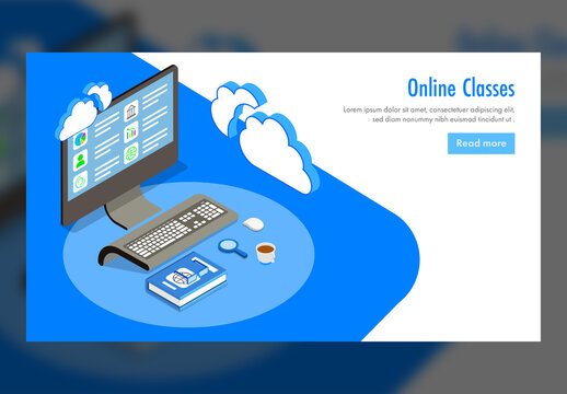 Online Classes Concept Based Landing Page with Isometric Desktop and Study Material Apps.
