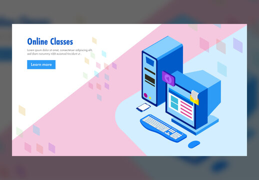 Online Classes Concept Based Landing Page with Isometric Retro Personal Computer, Smartphone.