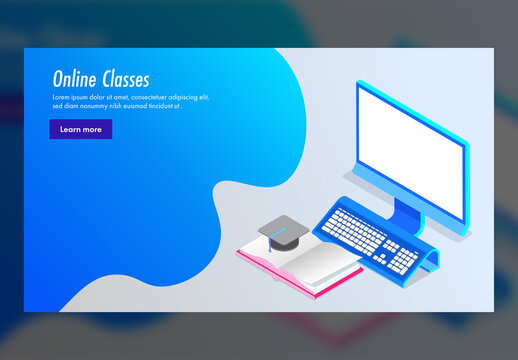 Online Classes Concept Based Landing Page with Isometric Computer and Graduation Cap on Open Book.
