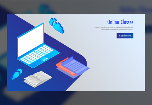 Online Classes Concept Based Landing Page with Isomeric Laptop, Book and Clouds.