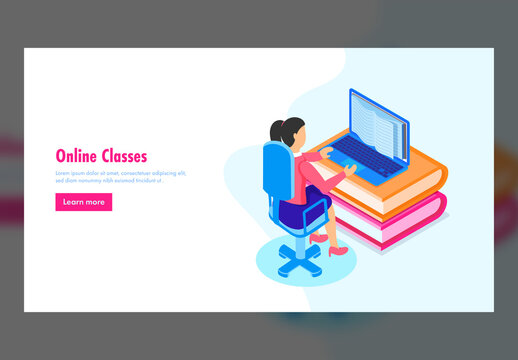 Online Classes Concept Based Landing Page with Young Girl Learning Online Through Laptop and Books.