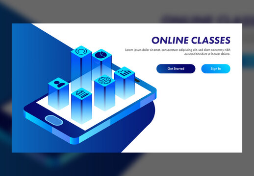 Online Classes Concept Based Landing Page With 3D Multiple Application Level On Smartphone.