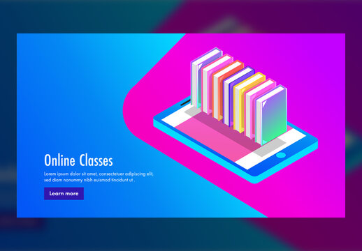 Online Classes Concept Based Landing Page In Blue And Pink Color, E-Library At Smartphone.