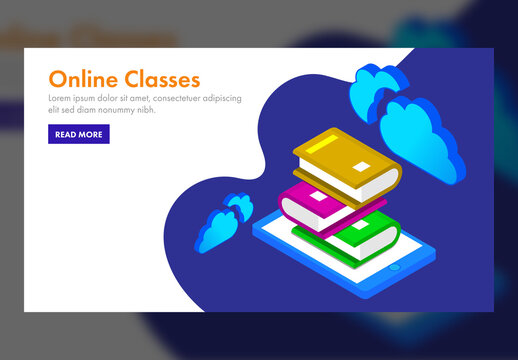 Online Classes Concept Based Landing Page Design with Isometric Books on Smartphone.