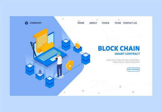 Blockchain Smart Contract Based Landing Page Design in Blue and White Color.