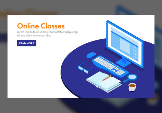 Online Classes Concept Based Landing Page Design With Isometric Study Space.